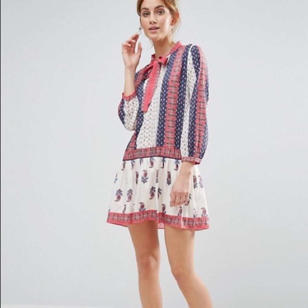 English Factory Cream, Navy & Coral Printed Mini Dress